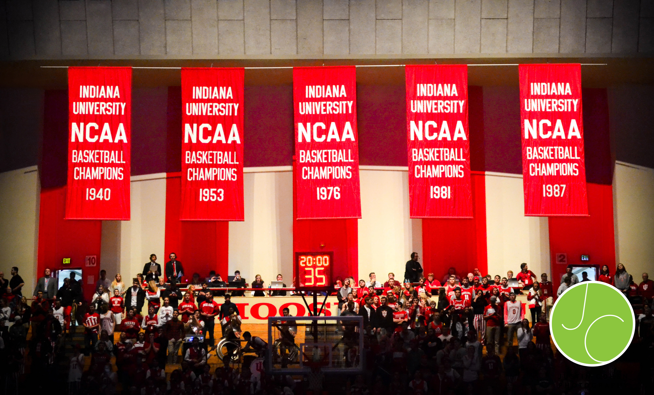Indiana Hoosiers Basketball National Champions Banners at Assembly Hall in Bloomington, Indiana
